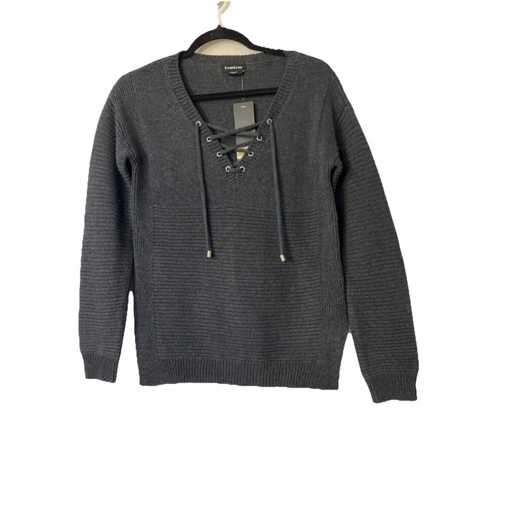 Bebe NWT‎ Sweater Sz M Dark Gray Longsleeve Lace Up V-Neck